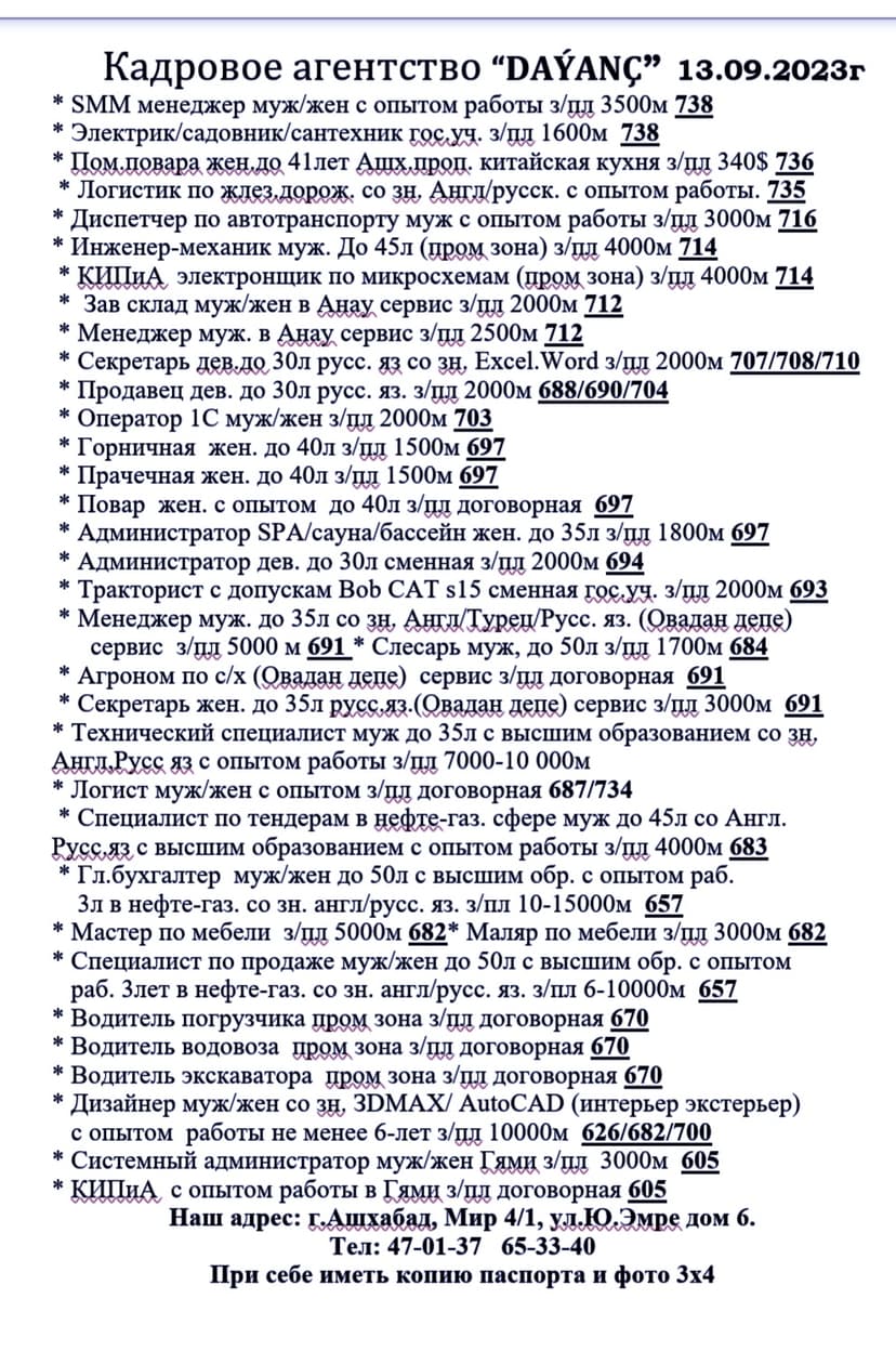 IS WE ISGAR HYZMATY . Вакансии 