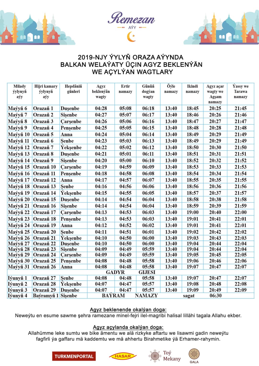 Ramadan calendar of suhoor time and iftar time (for Balkan Region)