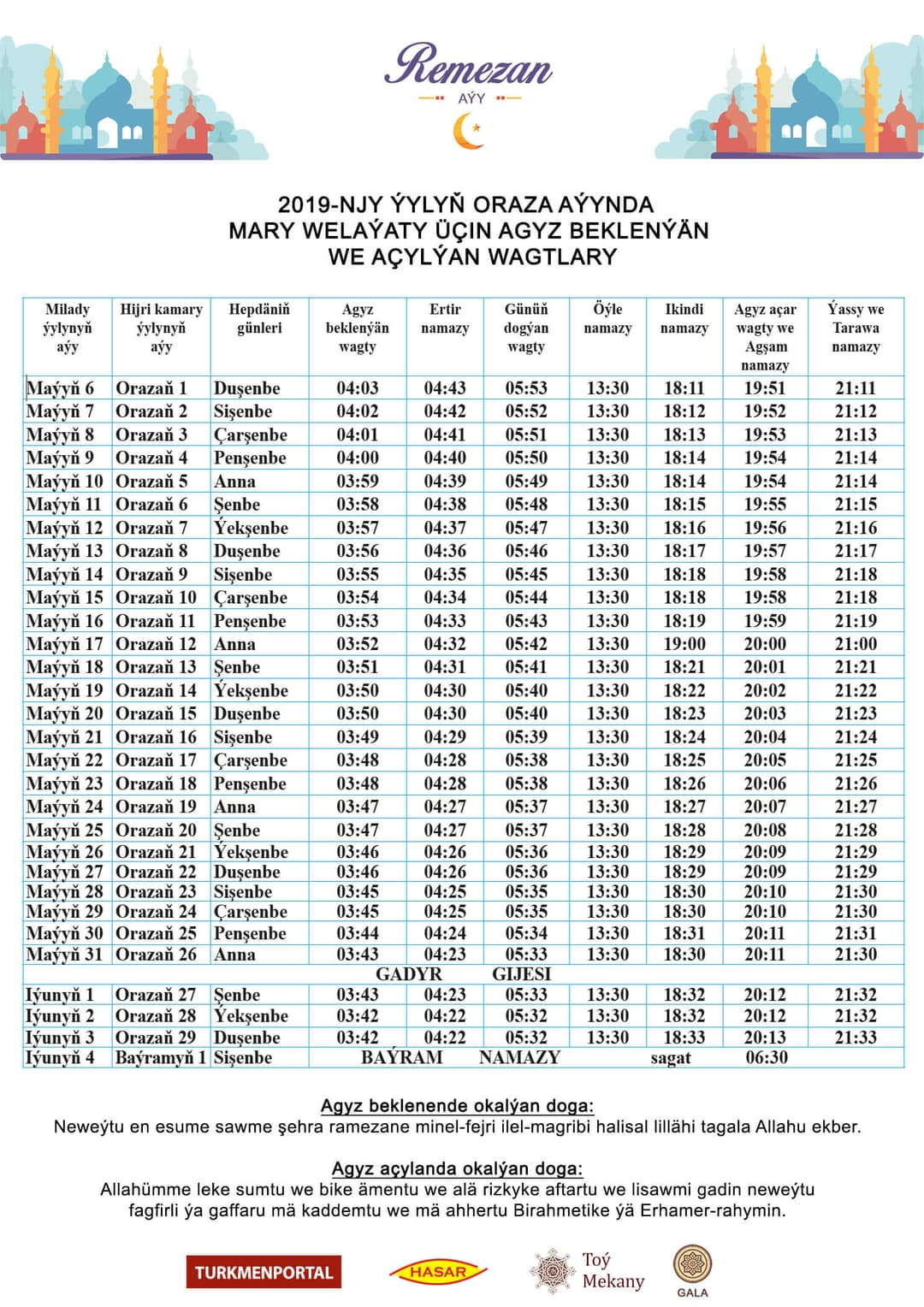 Ramadan calendar of suhoor time and iftar time (for Mary Region)