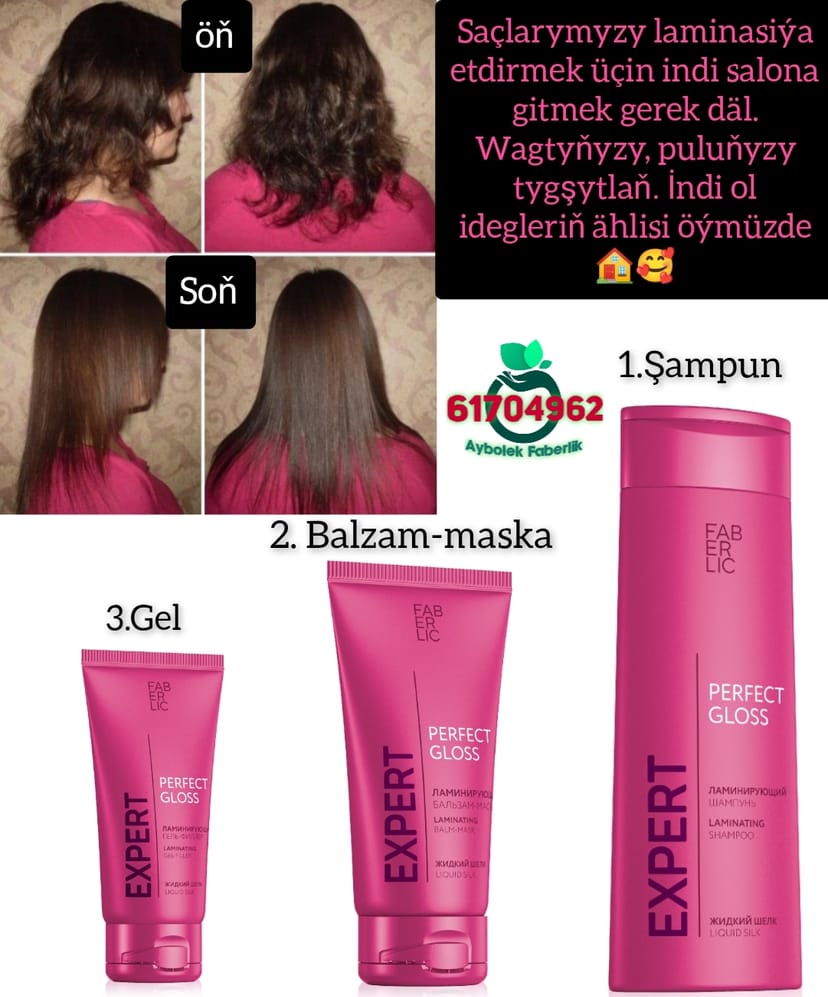 Saçlaryňyza laminasiýa täsirli şampun, balzam maska we gel. Expert seriyasy by Aýbölek Faberlic 