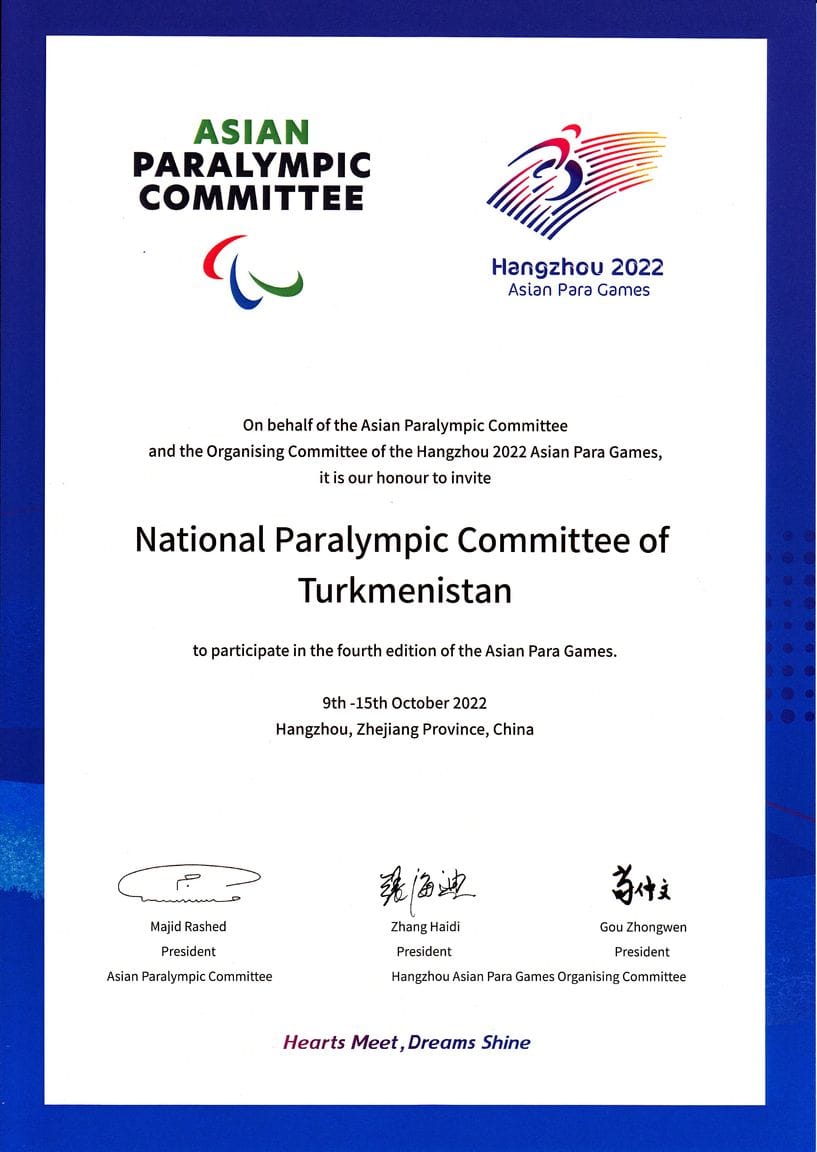 Athletes from Turkmenistan received an official invitation to the Asian Para Games in Hangzhou-2022