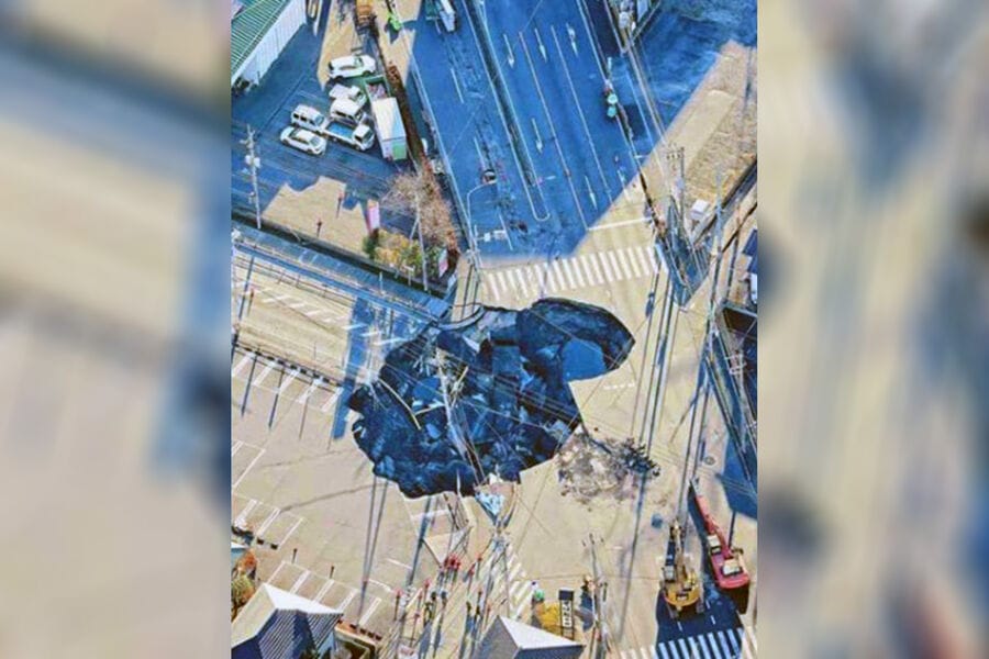 В Японии третий день спасают водителя, провалившегося под землю вместе с машиной