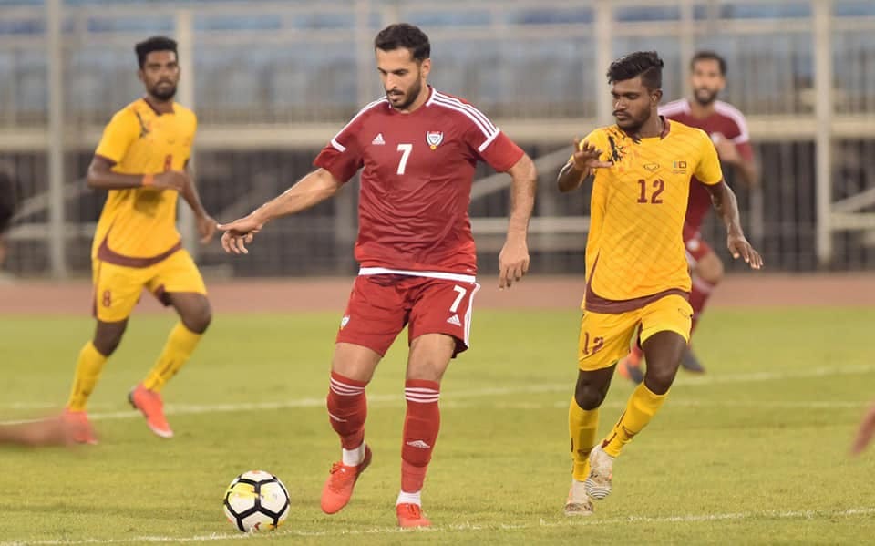 Sri Lanka national football team before the match with Turkmenistan lose to UAE in a friendly match