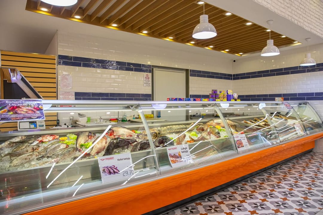 Wide selection of fish and seafood in the “Ashgabat” hypermarket