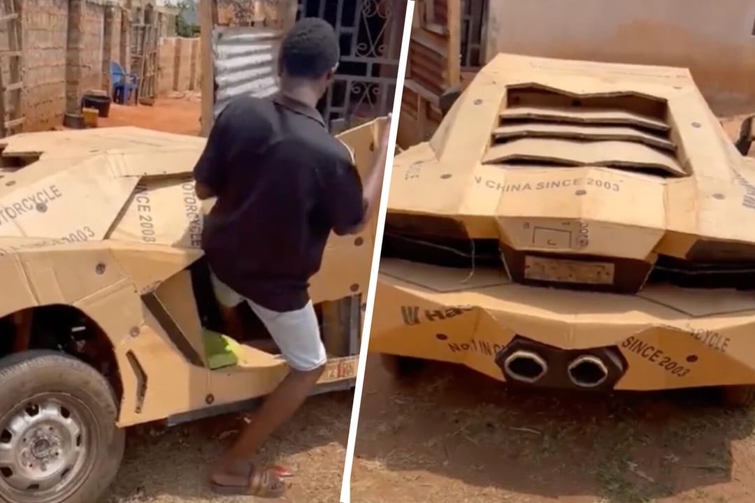 Erkek kişi kartondan hereket edýän «Lamborghini» ulagyny ýasady