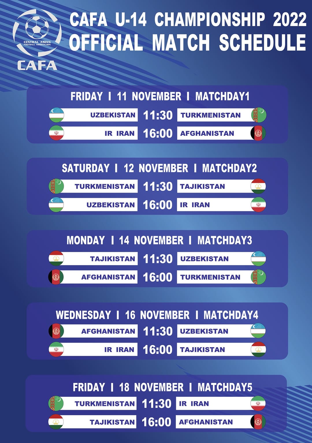 Стало известно расписание матчей юношеской сборной Туркменистана на чемпионате CAFA (U-14)