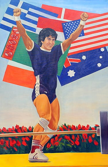 A series of painting about the famous Turkmen weightlifter is kept in the workshop of the Mary city