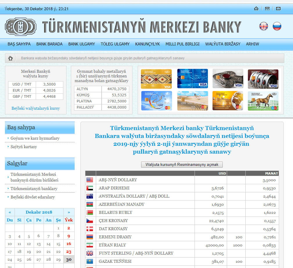 В Туркменистане обнародован курс национальной валюты на 2019 год