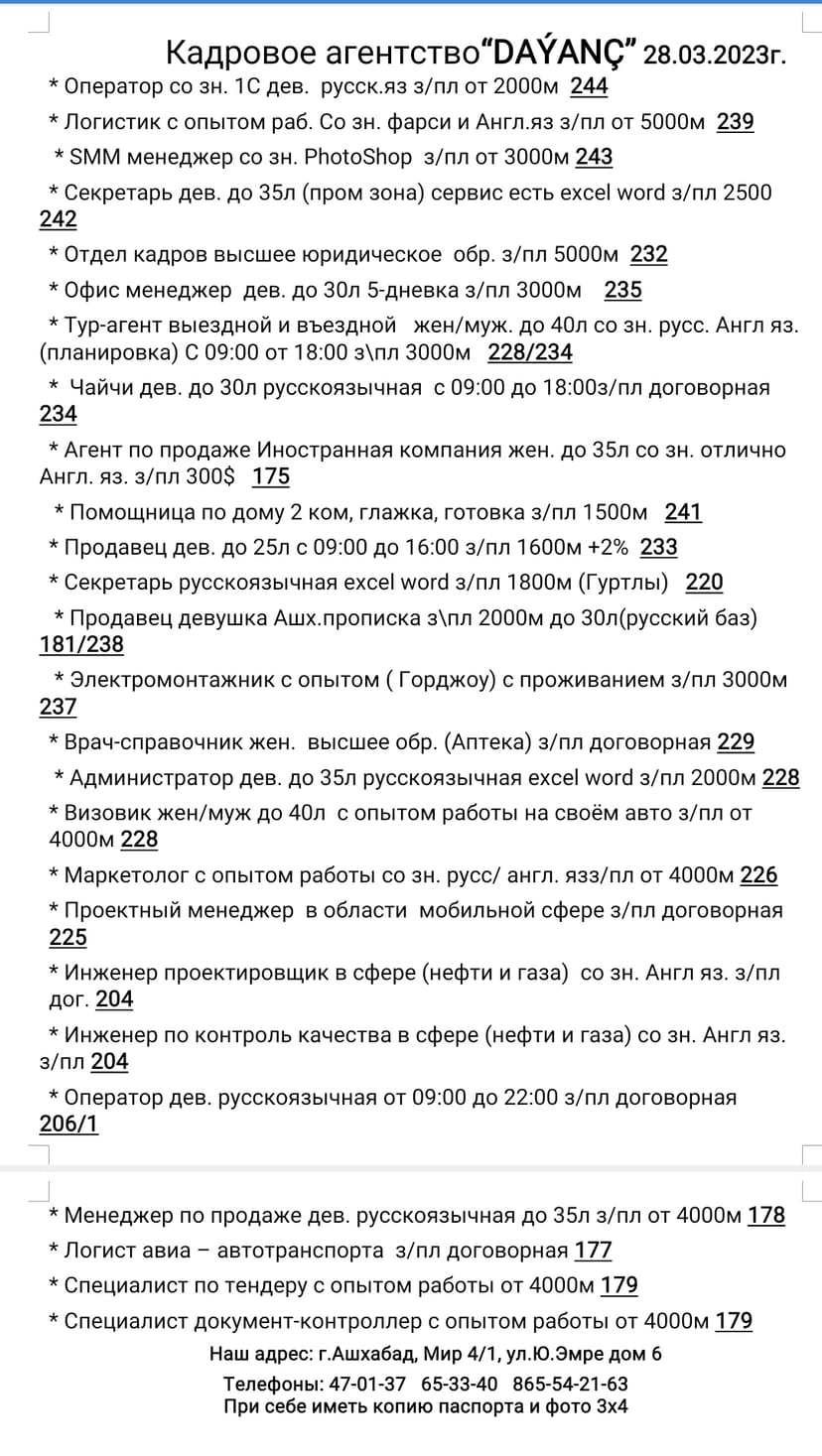 IS WE ISGAR HYZMATY . Вакансии 