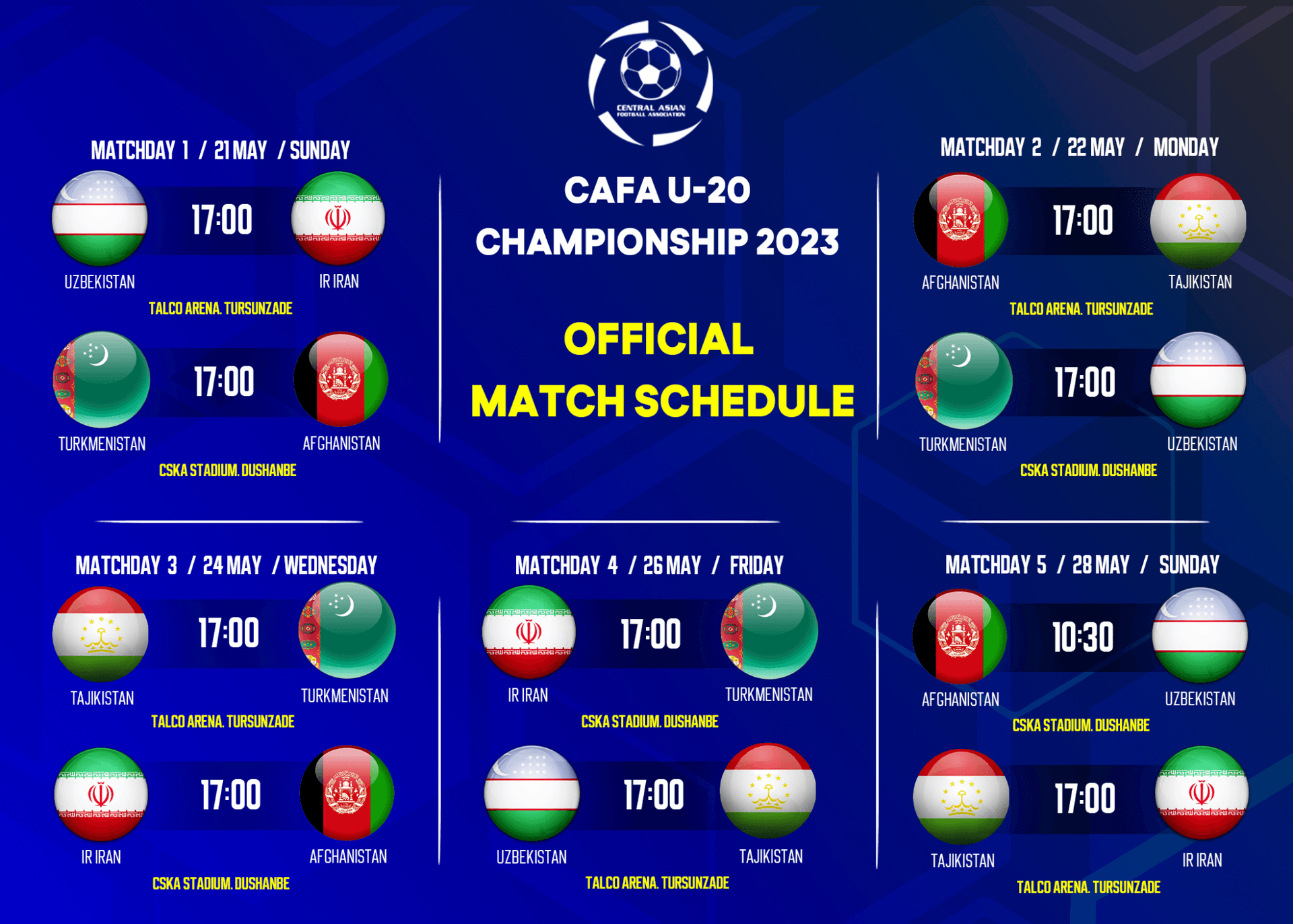 Расписание матчей молодёжной сборной Туркменистана на чемпионате CAFA (U-20)