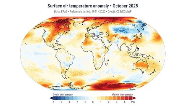 Октябрь 2025 года стал третьим самым тёплым в мире