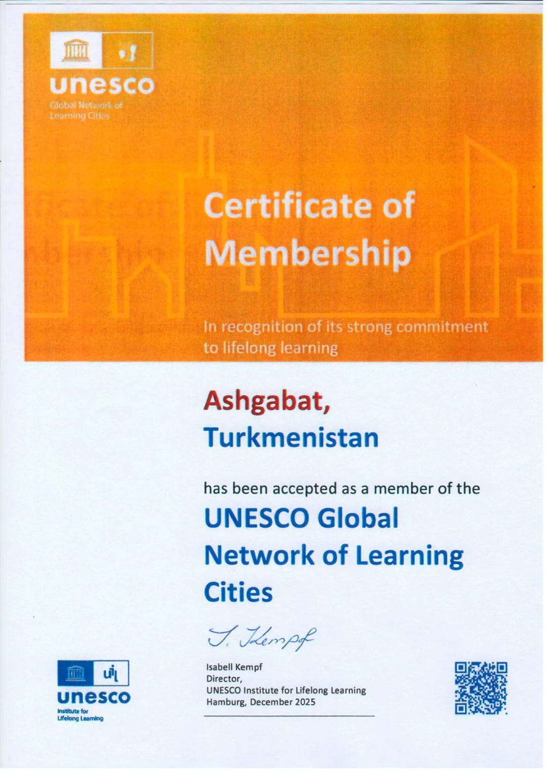 Ашхабад вошел в Глобальную сеть обучающихся городов ЮНЕСКО