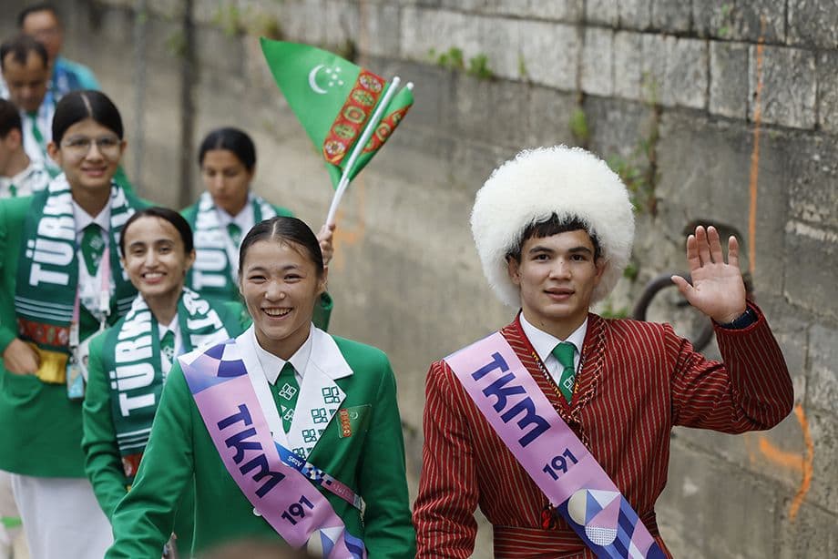 The national team of Turkmenistan takes part in the opening ceremony of the 2024 Olympic Games