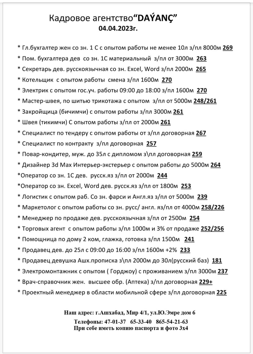 IS WE ISGAR HYZMATY. Вакансии