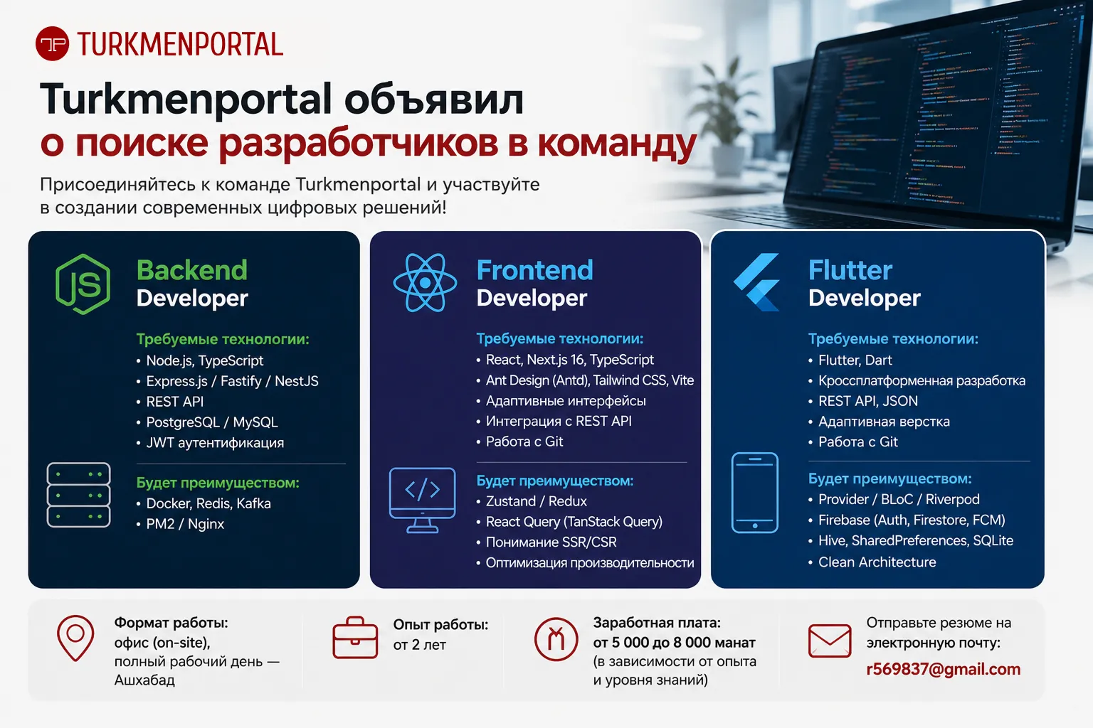 Turkmenportal işläp düzüjiler toparynda işlemek üçin täze hünärmenleri gözleýär