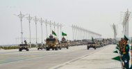 Military equipment passed in front of the State Tribune as part of the parade dedicated to the Independence Day of Turkmenistan