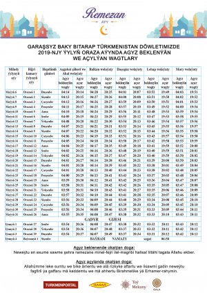 Ramadan calendar of suhoor time and iftar time (Turkmenistan) - 2019 year
