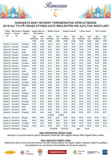 Расписание сухуров и ифтаров в пост Рамадан 2018 года (Туркменистан)