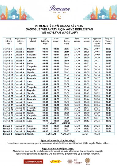 Ramadan calendar of suhoor time and iftar time (for Dashoguz Region)