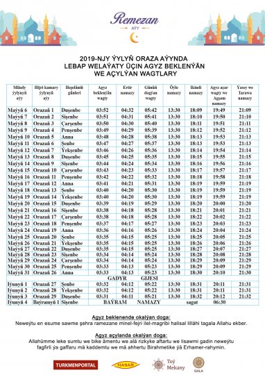 Ramadan calendar of suhoor time and iftar time (for Lebap Region)