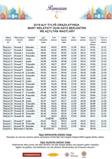 Ramadan calendar of suhoor time and iftar time (for Mary Region)