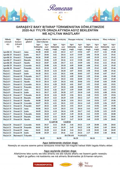 Расписание сухуров и ифтаров в пост Рамадан 2020 года (Туркменистан)